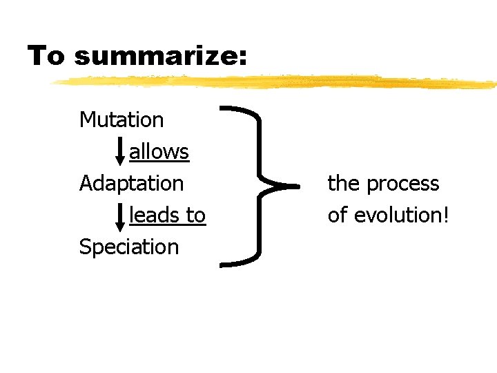 To summarize: Mutation allows Adaptation leads to Speciation the process of evolution! 