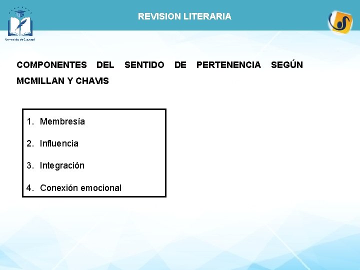 REVISION LITERARIA COMPONENTES DEL MCMILLAN Y CHAVIS 1. Membresía 2. Influencia 3. Integración 4.