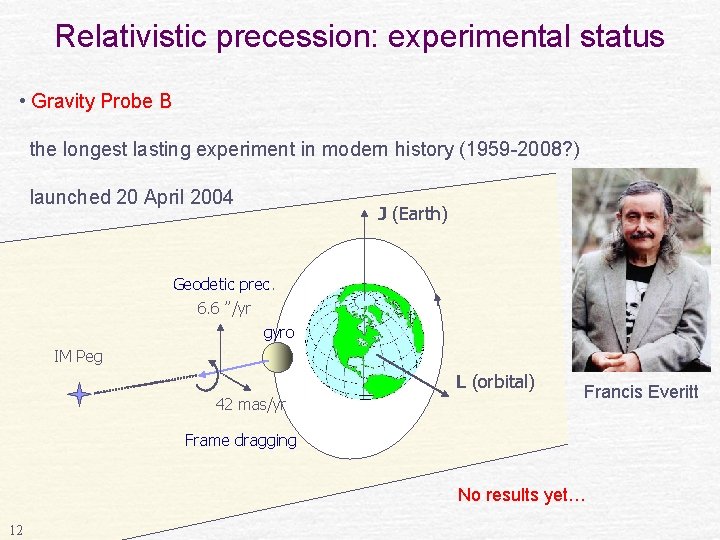 Relativistic precession: experimental status • Gravity Probe B the longest lasting experiment in modern