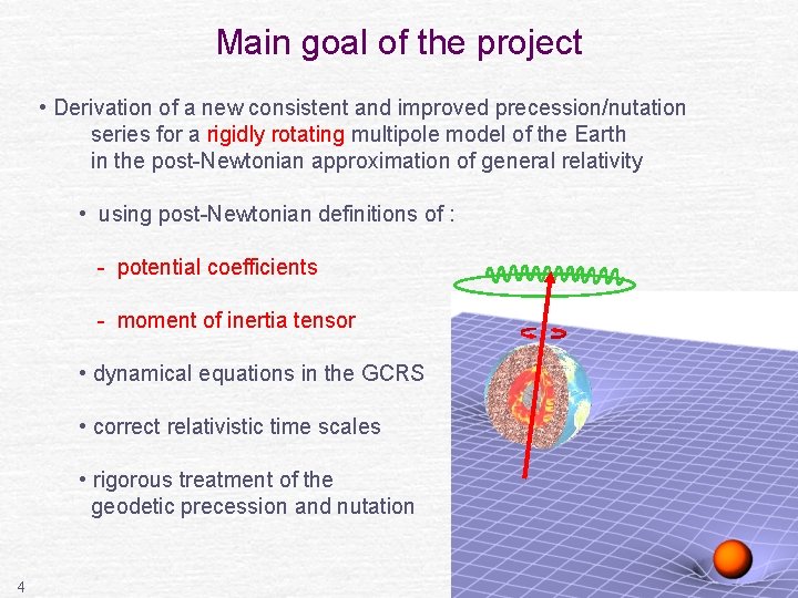 Main goal of the project • Derivation of a new consistent and improved precession/nutation