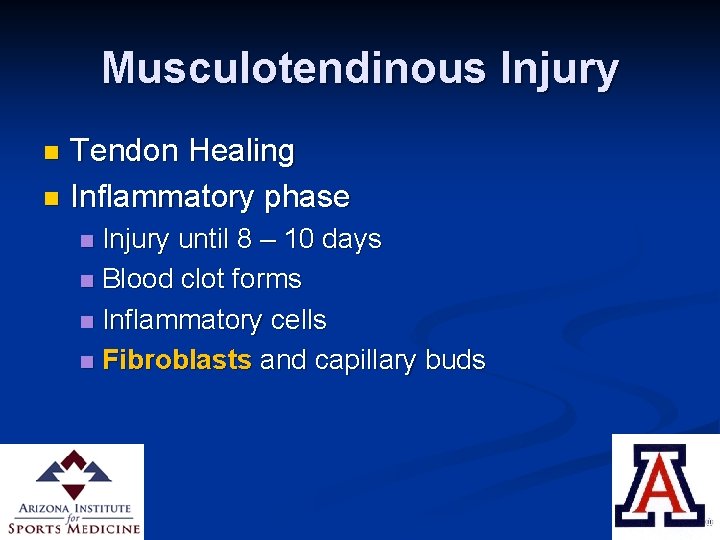 Musculotendinous Injury Tendon Healing n Inflammatory phase n Injury until 8 – 10 days
