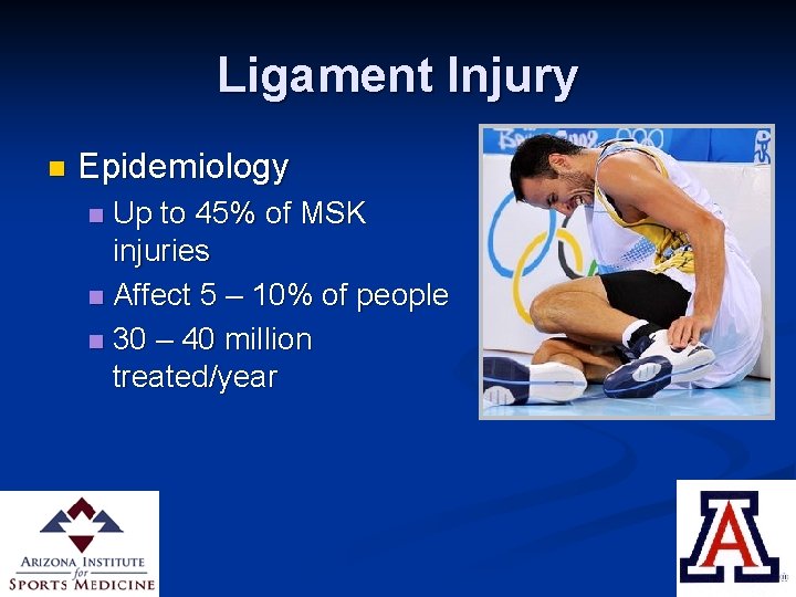 Ligament Injury n Epidemiology Up to 45% of MSK injuries n Affect 5 –