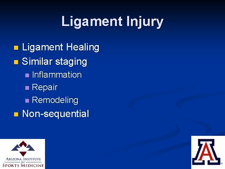 Ligament Injury Ligament Healing n Similar staging n Inflammation n Repair n Remodeling n