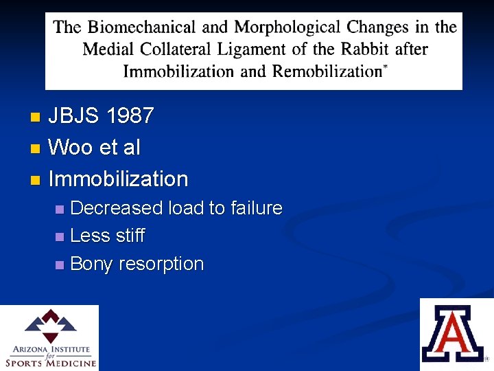 Ligament Healing JBJS 1987 n Woo et al n Immobilization n Decreased load to