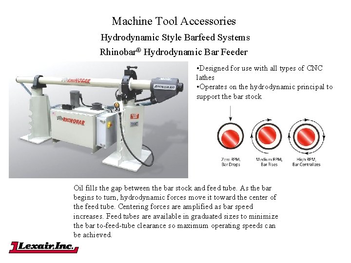 Machine Tool Accessories Hydrodynamic Style Barfeed Systems Rhinobar® Hydrodynamic Bar Feeder • Designed for