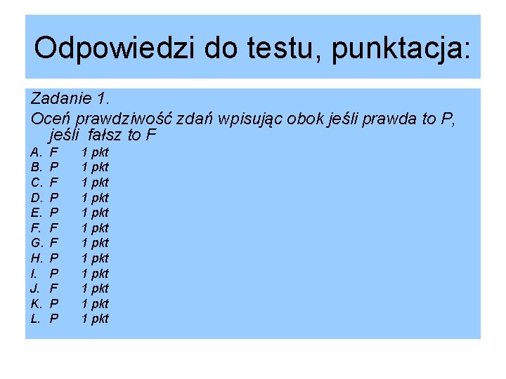 Odpowiedzi do testu, punktacja: Zadanie 1. Oceń prawdziwość zdań wpisując obok jeśli prawda to