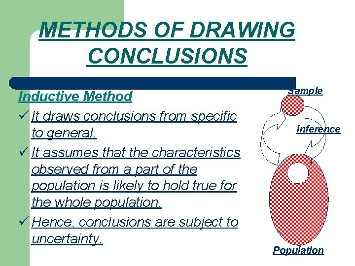 METHODS OF DRAWING CONCLUSIONS Inductive Method ü It draws conclusions from specific to general.