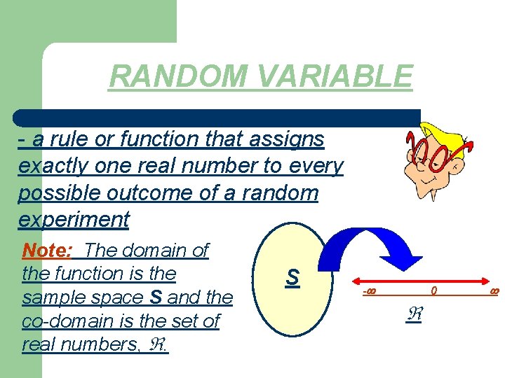 RANDOM VARIABLE - a rule or function that assigns exactly one real number to