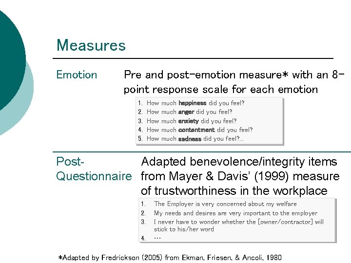 Measures Emotion Pre and post-emotion measure* with an 8 point response scale for each