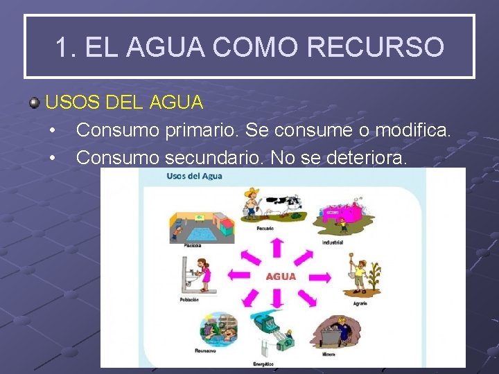 1. EL AGUA COMO RECURSO USOS DEL AGUA • Consumo primario. Se consume o