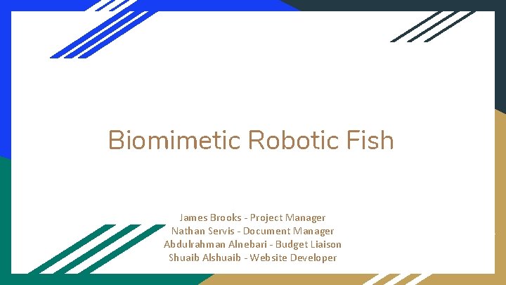 Biomimetic Robotic Fish James Brooks - Project Manager Nathan Servis - Document Manager Abdulrahman