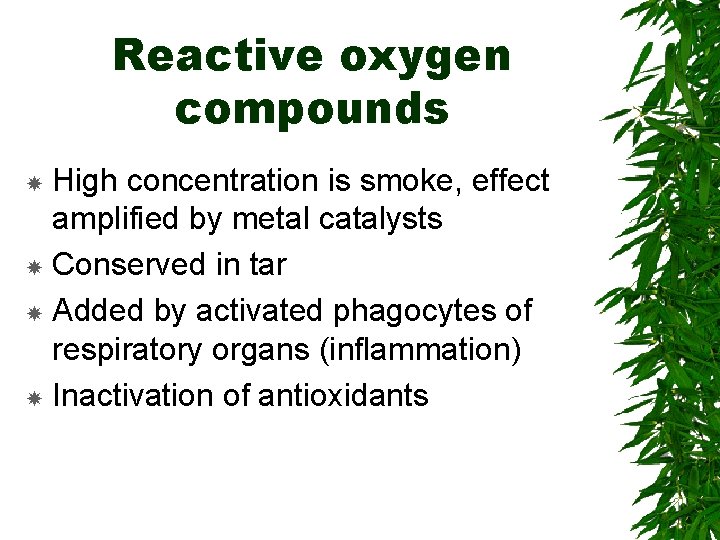 Reactive oxygen compounds High concentration is smoke, effect amplified by metal catalysts Conserved in
