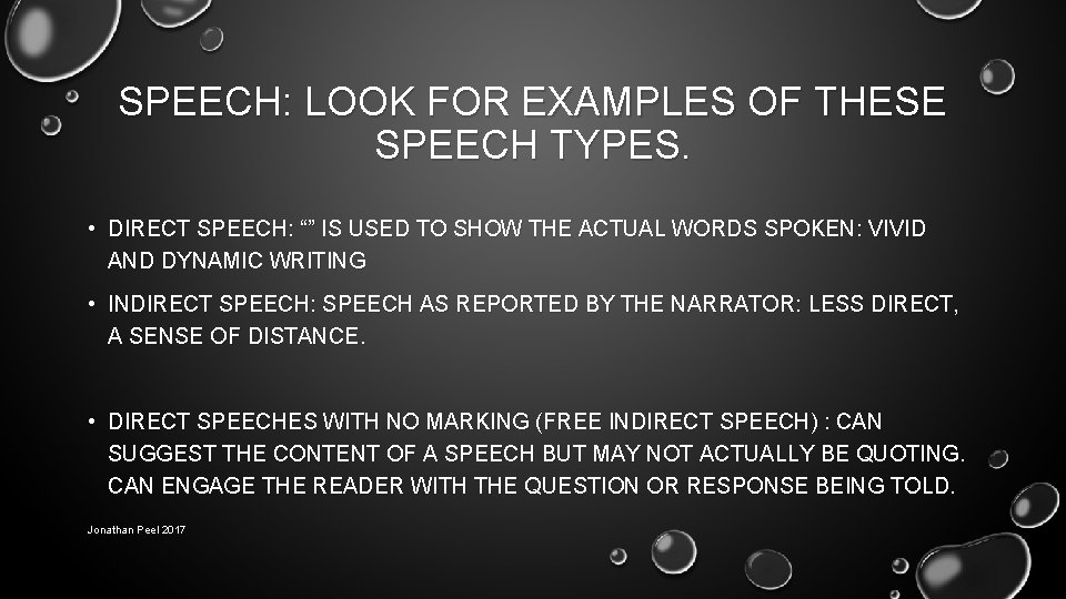 SPEECH: LOOK FOR EXAMPLES OF THESE SPEECH TYPES. • DIRECT SPEECH: “” IS USED