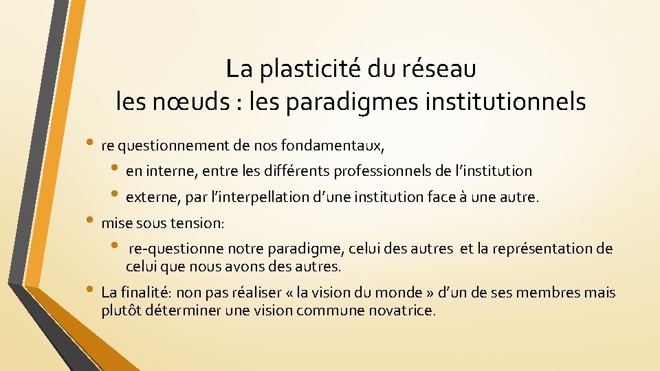 La plasticité du réseau les nœuds : les paradigmes institutionnels • re questionnement de