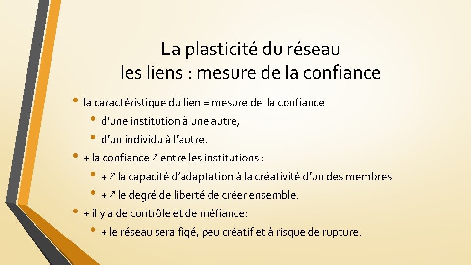 La plasticité du réseau les liens : mesure de la confiance • la caractéristique