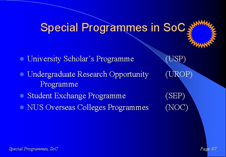 Special Programmes in So. C l University Scholar’s Programme Undergraduate Research Opportunity Programme l