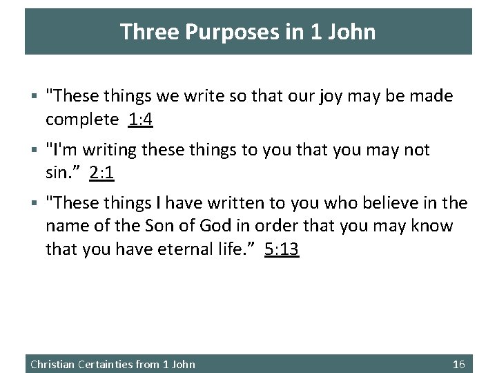Three Purposes in 1 John § "These things we write so that our joy