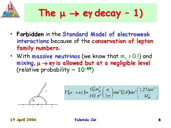 The e decay – 1) • Forbidden in the Standard Model of electroweak interactions
