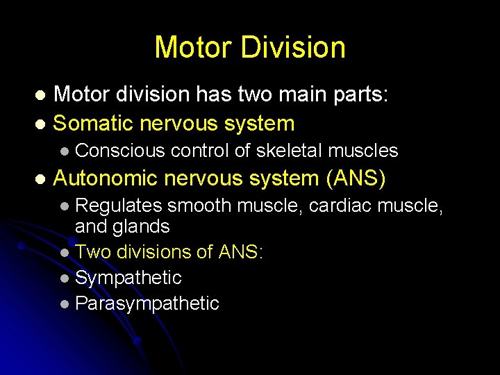 Motor Division Motor division has two main parts: l Somatic nervous system l l