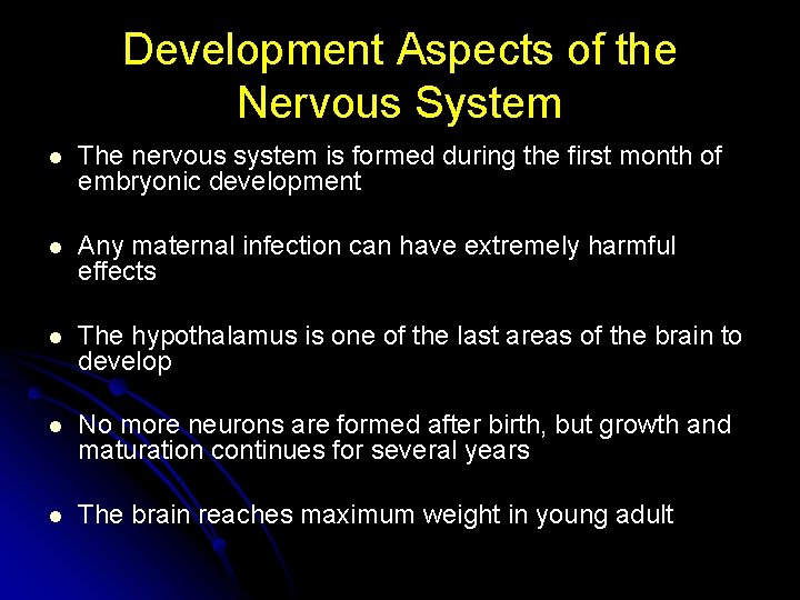 Development Aspects of the Nervous System l The nervous system is formed during the