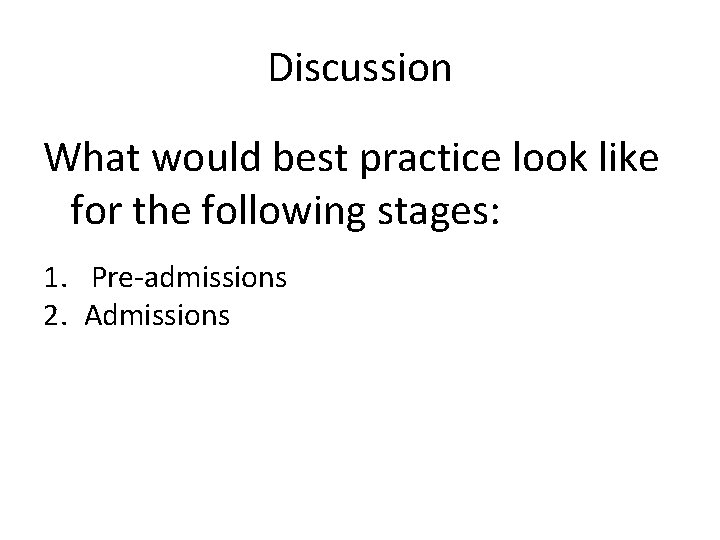 Discussion What would best practice look like for the following stages: 1. Pre-admissions 2.