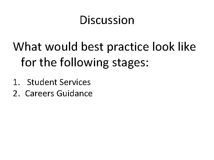 Discussion What would best practice look like for the following stages: 1. Student Services