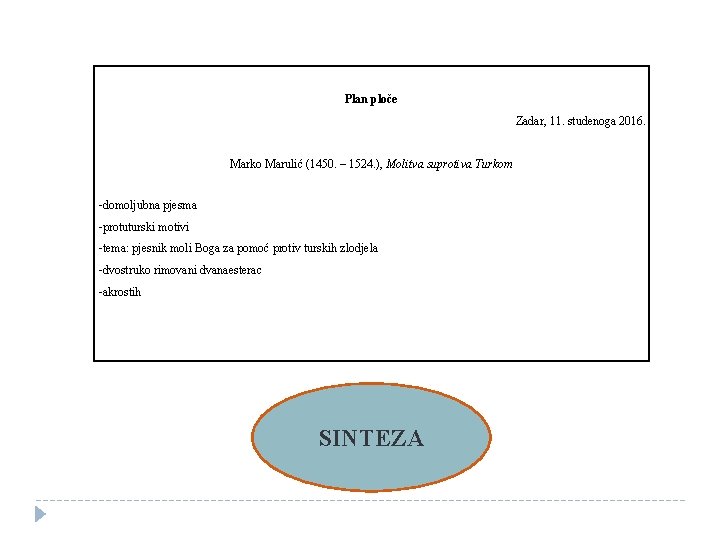 Plan ploče Zadar, 11. studenoga 2016. Marko Marulić (1450. – 1524. ), Molitva suprotiva