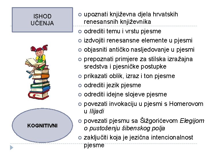 ISHOD UČENJA KOGNITIVNI upoznati književna djela hrvatskih renesansnih književnika odrediti temu i vrstu pjesme