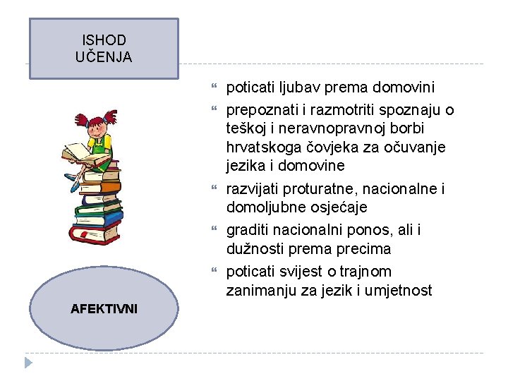 ISHOD UČENJA AFEKTIVNI poticati ljubav prema domovini prepoznati i razmotriti spoznaju o teškoj i