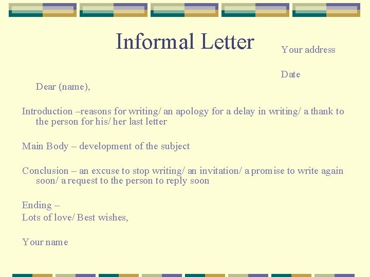 Informal Letter Your address Date Dear (name), Introduction –reasons for writing/ an apology for