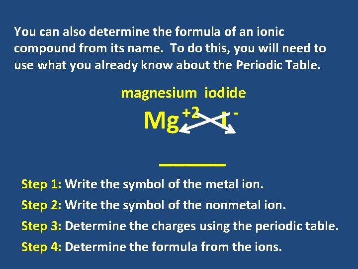 You can also determine the formula of an ionic compound from its name. To You can also determine the formula of an ionic compound from its name. To