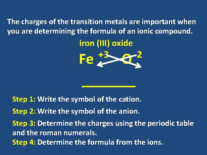 The charges of the transition metals are important when you are determining the formula The charges of the transition metals are important when you are determining the formula