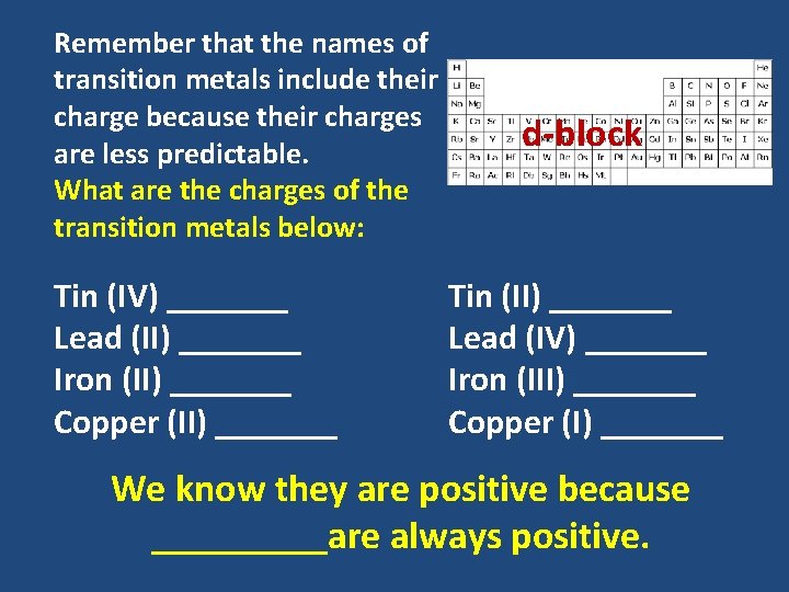 Remember that the names of transition metals include their charge because their charges are Remember that the names of transition metals include their charge because their charges are