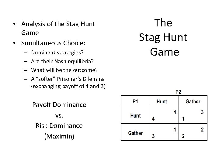  • Analysis of the Stag Hunt Game • Simultaneous Choice: – – Dominant