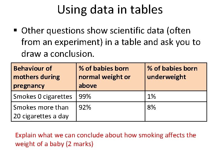 Using data in tables § Other questions show scientific data (often from an experiment)