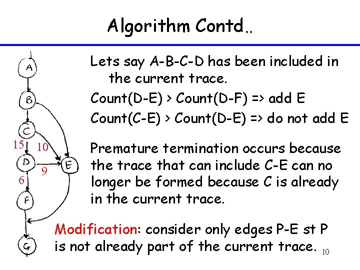 Algorithm Contd. . Lets say A-B-C-D has been included in the current trace. Count(D-E)