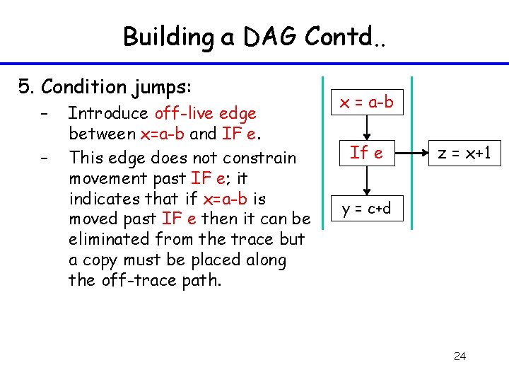 Building a DAG Contd. . 5. Condition jumps: – – Introduce off-live edge between