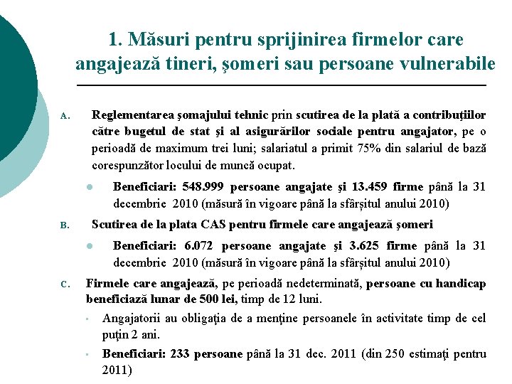 1. Măsuri pentru sprijinirea firmelor care angajează tineri, şomeri sau persoane vulnerabile A. Reglementarea