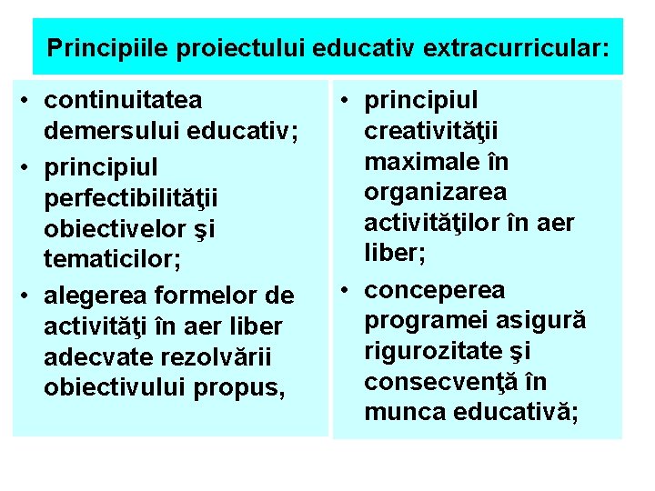 Principiile proiectului educativ extracurricular: • continuitatea demersului educativ; • principiul perfectibilităţii obiectivelor şi tematicilor;