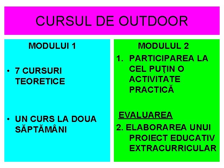 CURSUL DE OUTDOOR MODULUI 1 • 7 CURSURI TEORETICE • UN CURS LA DOUA