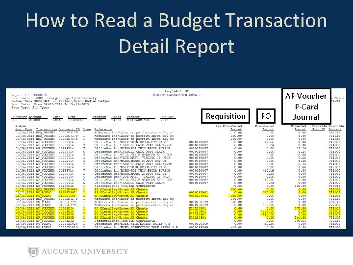 How to Read a Budget Transaction Detail Report Requisition PO AP Voucher P-Card Journal