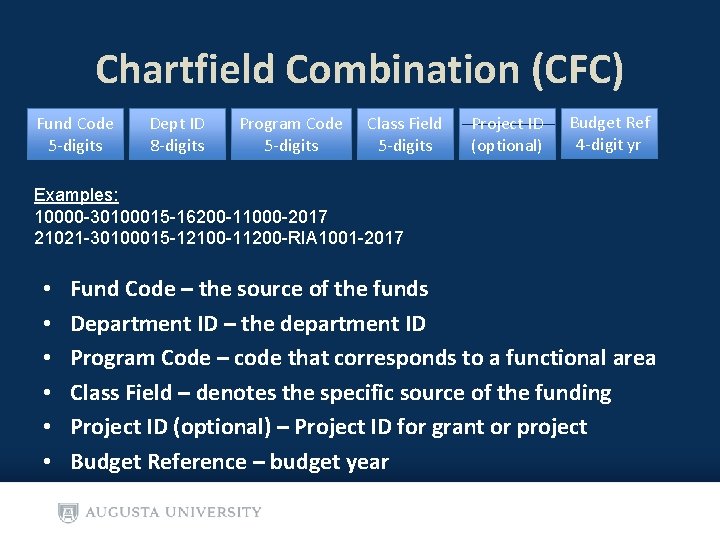 Chartfield Combination (CFC) Fund Code 5 -digits Dept ID 8 -digits Program Code 5