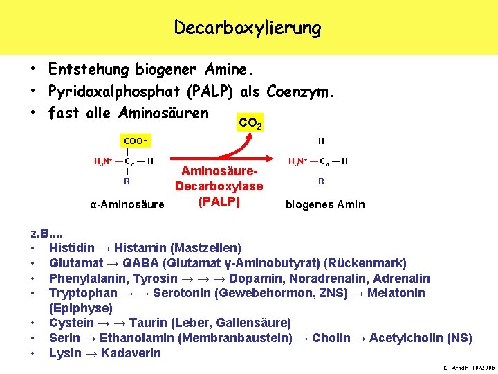 Decarboxylierung • Entstehung biogener Amine. • Pyridoxalphosphat (PALP) als Coenzym. • fast alle Aminosäuren