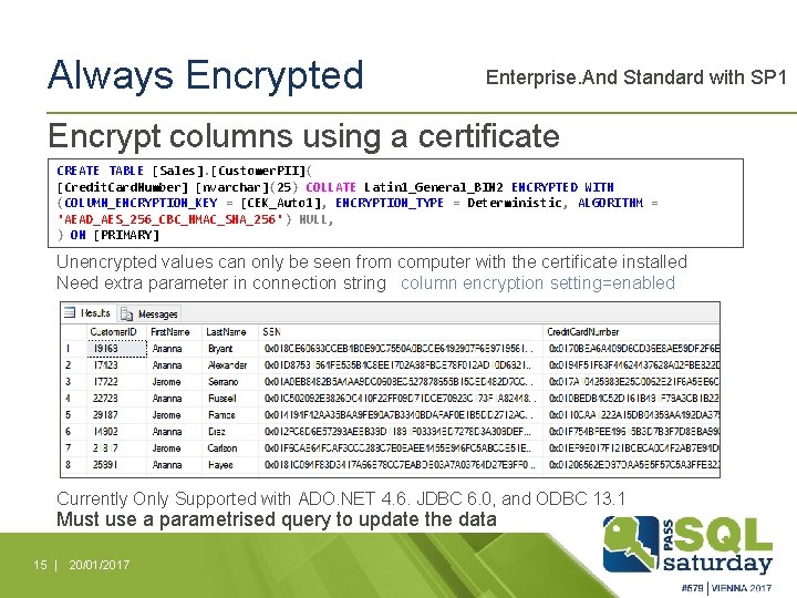 Always Encrypted Enterprise. And Standard with SP 1 Encrypt columns using a certificate CREATE