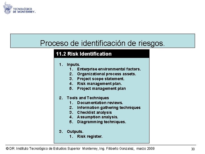 Proceso de identificación de riesgos. 11. 2 Risk Identification 1. Inputs. 1. Enterprise environmental