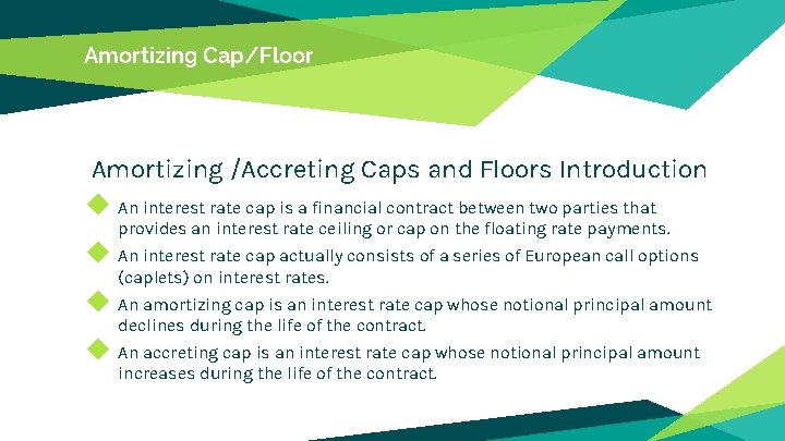 Amortizing Cap/Floor Amortizing /Accreting Caps and Floors Introduction ◆ An interest rate cap is