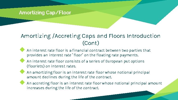 Amortizing Cap/Floor Amortizing /Accreting Caps and Floors Introduction (Cont) ◆ An interest rate floor