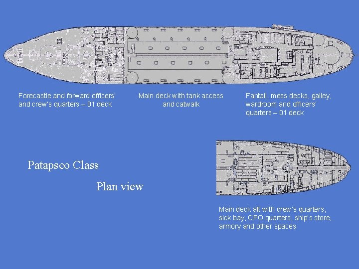 Forecastle and forward officers’ and crew’s quarters – 01 deck Main deck with tank