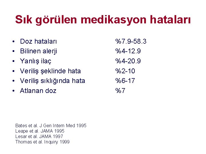 Sık görülen medikasyon hataları • • • Doz hataları Bilinen alerji Yanlış ilaç Veriliş Sık görülen medikasyon hataları • • • Doz hataları Bilinen alerji Yanlış ilaç Veriliş