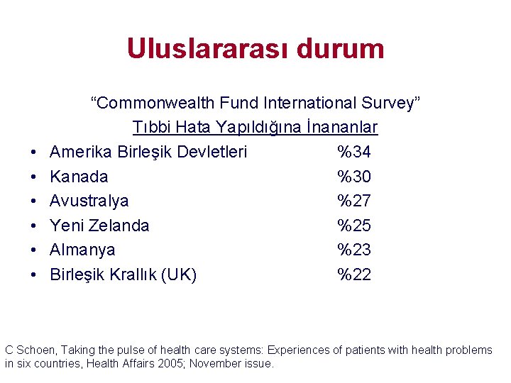 Uluslararası durum • • • “Commonwealth Fund International Survey” Tıbbi Hata Yapıldığına İnananlar Amerika Uluslararası durum • • • “Commonwealth Fund International Survey” Tıbbi Hata Yapıldığına İnananlar Amerika